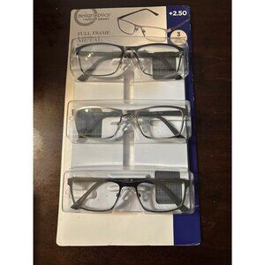 Foster Grant Design Optics 3 pack Full Frame Metal‎ 2.50 strength - new